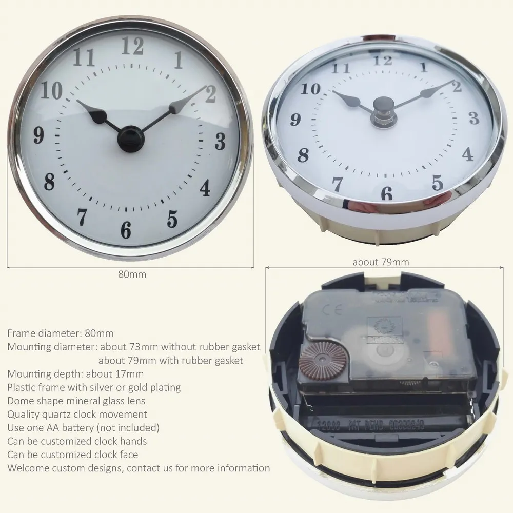 80mm Quartz Clock Insert Clock Fitup Domed Mineral Glass Lens