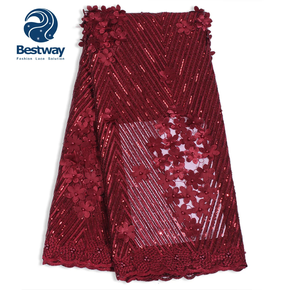 

3d french net lace flowers new arrival African fabric with sequined and beaded flower style for lady wedding dress FL0481, Black;royal blue;wine;multi-color