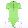 High Neck Reflective Zipper Neon Green Bodysuit Sexy Jumpsuits Slim Short Sleeve Fashion Casual Women Tops Basic