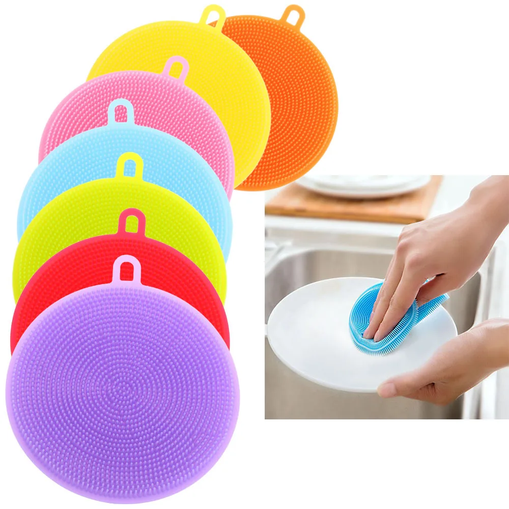 

Round Shape Dish Washing Brush Washing Fruit Vegetable Multi-purpose Food Grade Silicone Cleaning Dishwashing Brush, Blue/green/pink