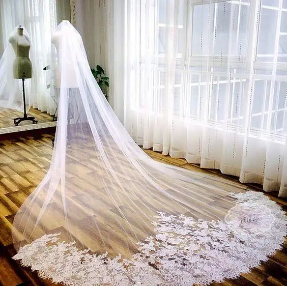 

V213 One Layer Soft Bridal Veil Illusion Tulle Cathedral Veil Mesh with Alencon Lace Bride Wedding Veils