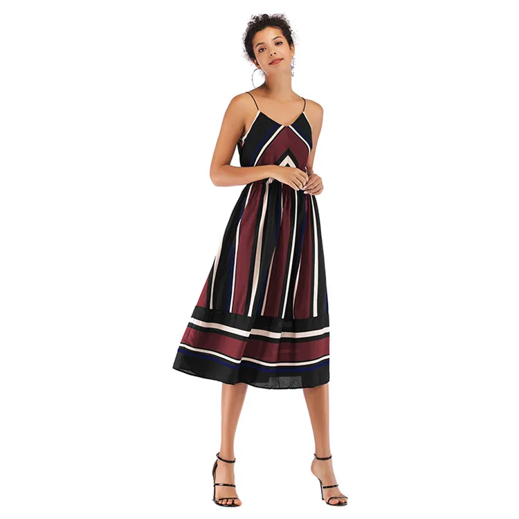 

2019 Ladies V Neck Stripe Strapless Design Maxi Dress Women Summer Sleeveless Casual Dress, As photo shown or customized