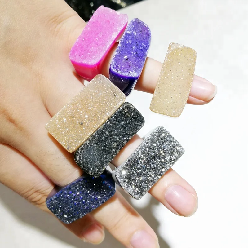 

Solid agate stone ring carved natural druzy jewelry titanium coated colors geode statement finger rings