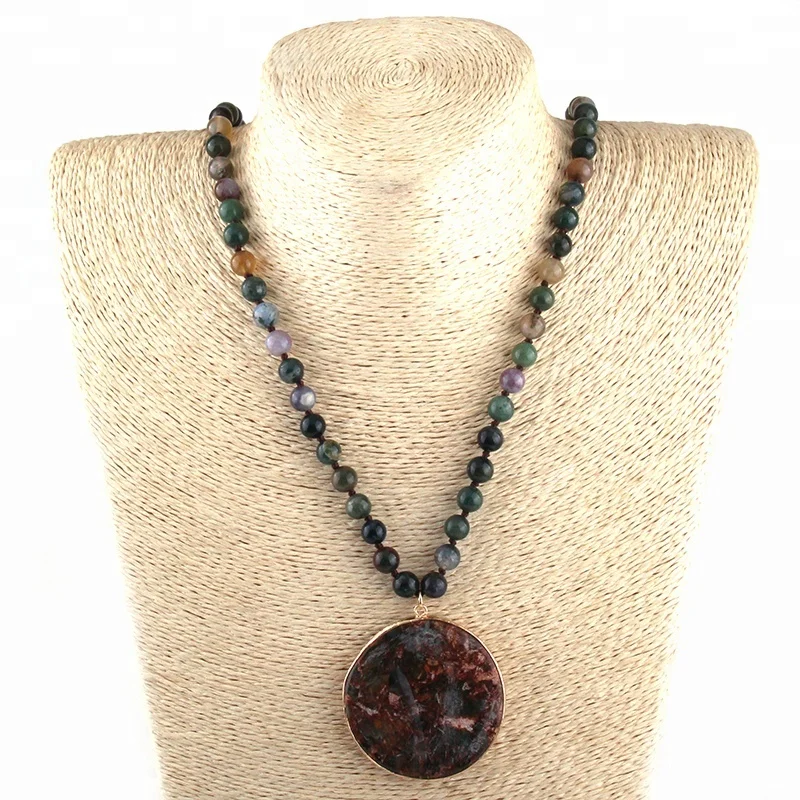 

Fashion Natural Stone India Agate Knotted Women Necklace Round Stone Pendant Necklaces