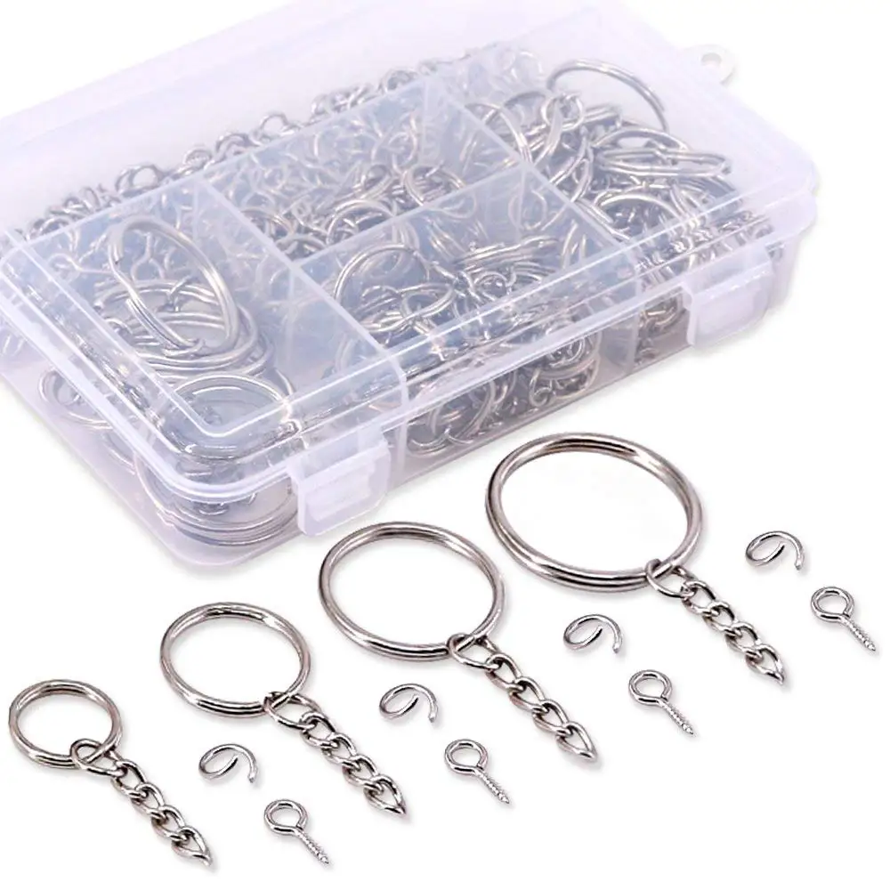 Swpeet 300Pcs Sliver Key Chain Rings Kit, 100Pcs Keychain Rings with Chain and 100Pcs Jump Ring with 100Pcs Screw Eye Pins Bulk for Jewelry Findings Making - 3/5 inch, 4/5 inch, 1 inch, 6/5 inch