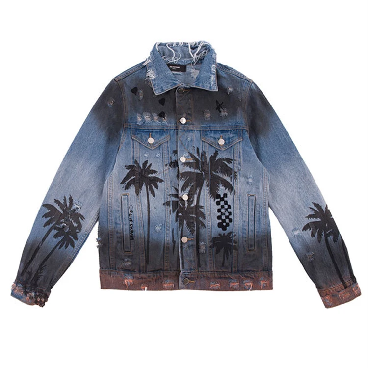 

High Quality Printed Dark Blue Rip Denim Jacket Wholesale