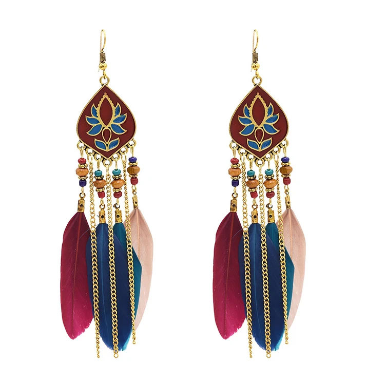 

4 Colors Bohemian Trendy Alloy Tassel Bead Feather Earrings For Women Jewelry Design, White;colorful;blue;black