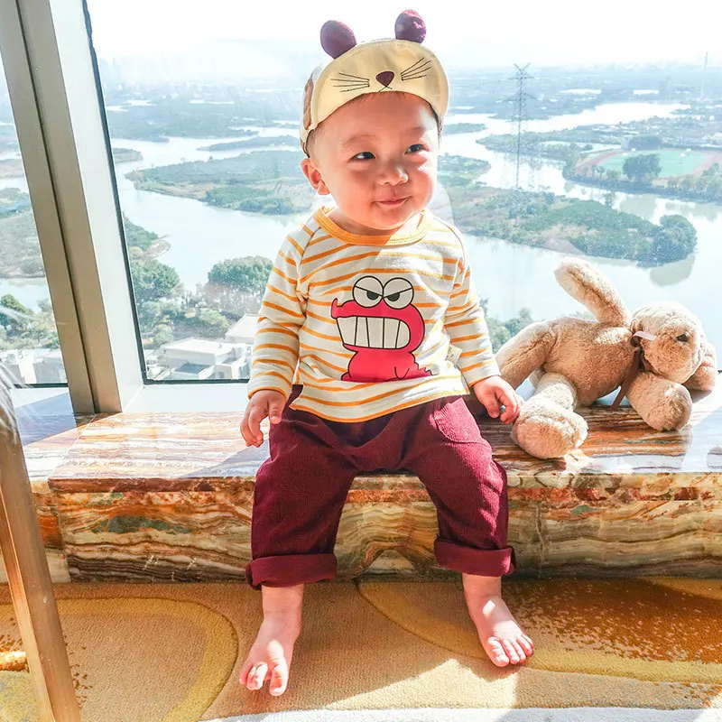 
Factory custom autumn stripe casual baby long sleeve t shirt cartoon infant clothes 1795 