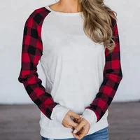 

Wholesale Hot Sale Plus 5XL Buffalo Plaid Long Sleeve T Shirt Top O-Neck Solid Color Body Raglan Tunic For Women