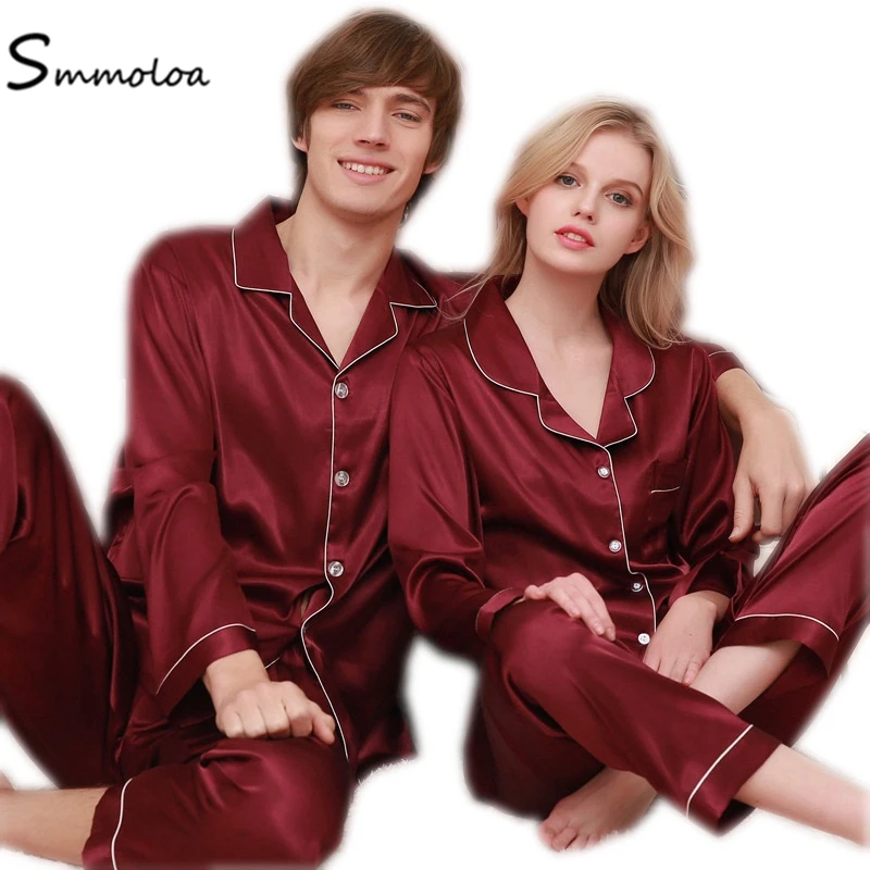 

Smmoloa Wholesale Long sleeve Couple Silk Pajamas Women Sleepwear Pyjama