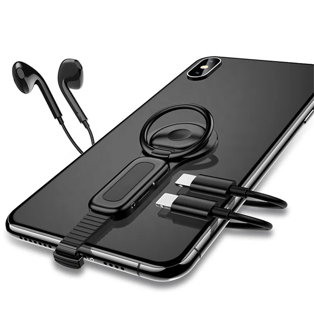 

2 in 1 Dual Adapter Ring Holder 3.5mm Audio Charger Adjust Phone Holder Fast Charging for iPhone Adapter, Black