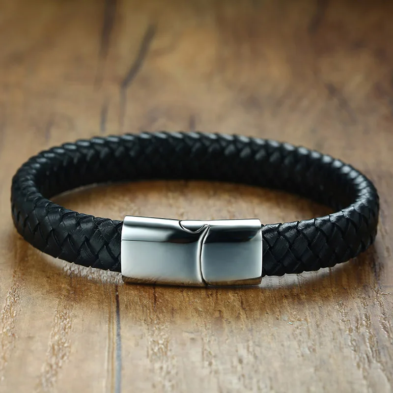 
Classic stainless steel bracelet black leather woven hand chain 