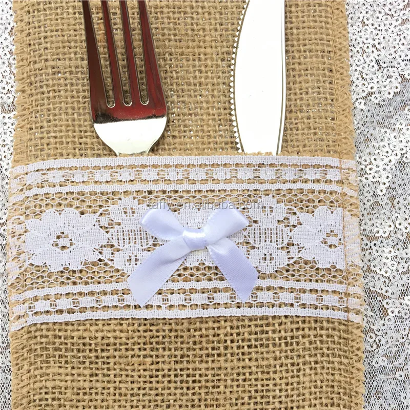 Natural Burlap Jute Hessian Silverware Napkin Holders Cutlery Pouch Bag
