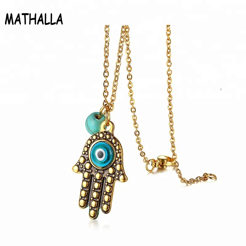 

Stainless Steel Hamsa Hand Pendent Necklace Turquoise Bead Charm Necklace Saudi Gold Evil Eye Jewelry