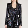 Women bling beadings Sequin Blazer New Stylish Shiny Long Sleeve office fashion party formal women belt Blazer jacket