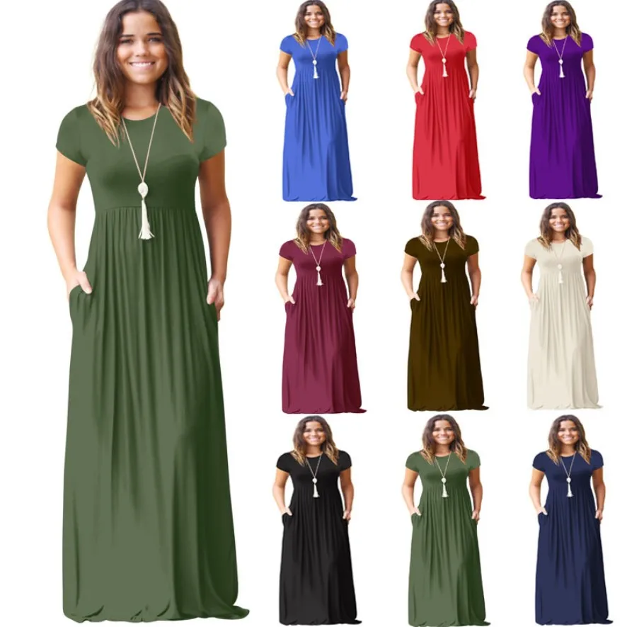 

E98 2021 summer summer Fashion short sleeve solid color pocket women maxi dress casual long women dress