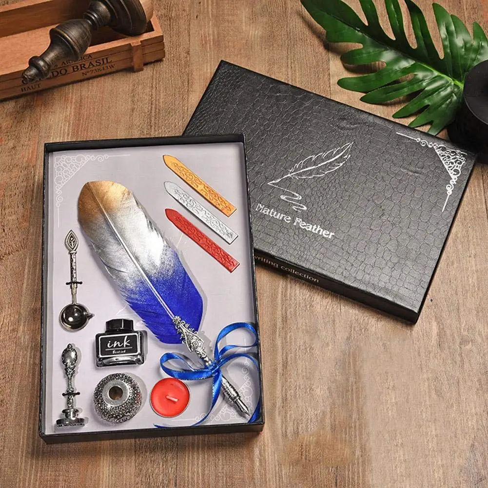 Vintage Simple Calligraphic Feather Pen Kit Student Pen Gift Box 