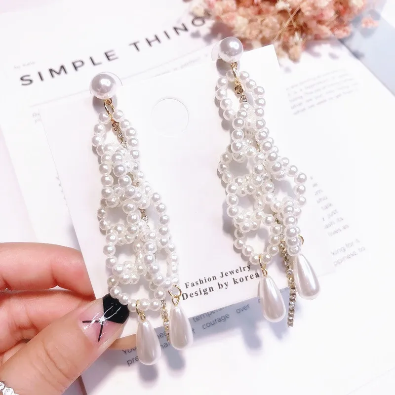 

wholesale indian crystal long tassel beaded pearl drop earrings dangle pearl earring women big pearl earring jewelry, Picture