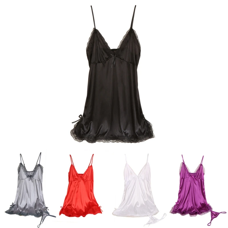 

Summer Sexy Women Silk Lace Nightgowns V-Neck Spaghetti Straps Nightdress Sleepwear