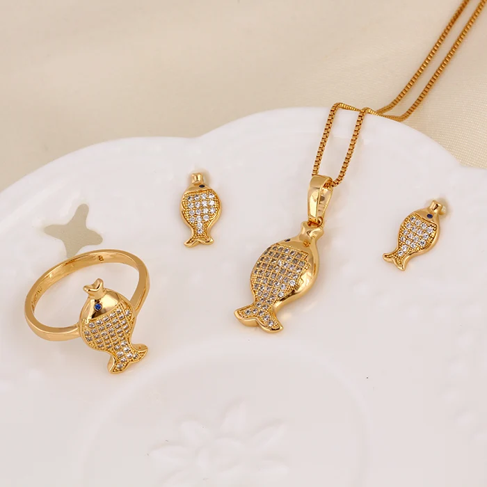 

61267 Xuping trendy jewellery shop interior decoration lovely animal fish gold jewelry set for girls, White