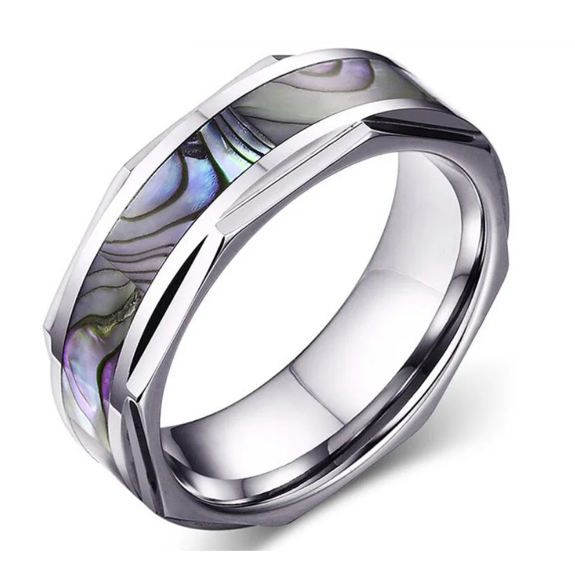 

8mm Wide Tungsten steel Ring Abalone Shell Inlay Mens Wedding Rings wholesale