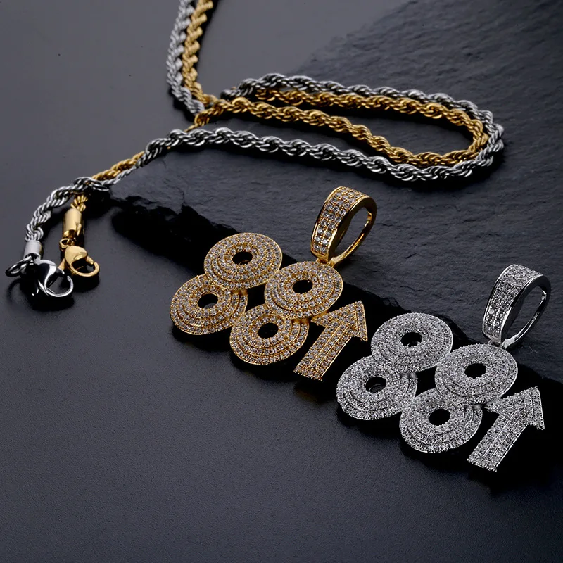 

Hip Hop AAA CZ Stones Paved Bling Ice Out 88 Rising Rich Chigga Pendants Necklace for Men Rapper Jewelry (KHP044), As picture