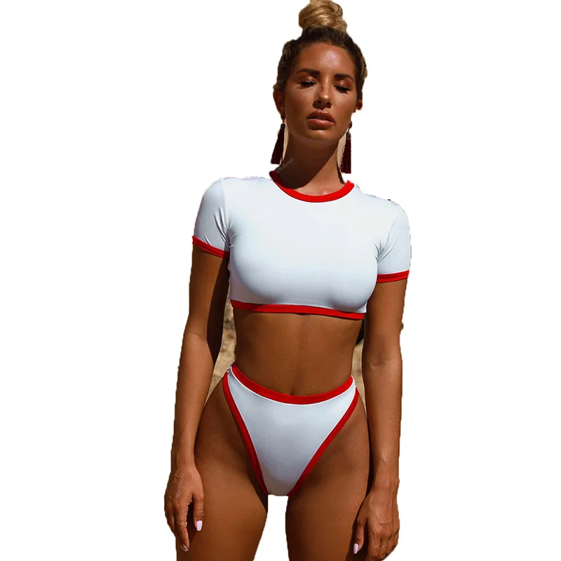 

Summer Beach Sport Fashion Short Sleeve High Waist Women Sexy Bikini PatchWork Color Tops Swimsuit 2 Pieces Set, Yellow,black,green ,red custom pantone color