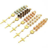 

Wholesale Receptacle 10mm Glass Pearl Beaded Rosary Bracelets, Gold Plated Crucifix Blue Rosary