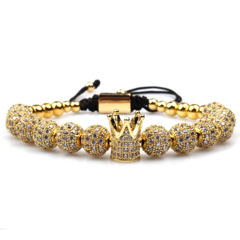

CZ Imperial Crown Bracelets Gold-color Micro Pave CZ Women Braiding Macrame Bracelet Men Jewelry, Picture