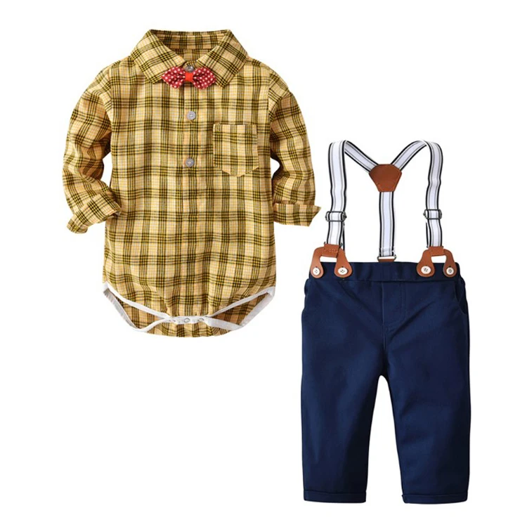

New Arrival Wholesale Suspender clothing set Boys 2pcs Outfits Gentleman Bowtie Shirt with Suspenders Set With Bow Tie, Yellow