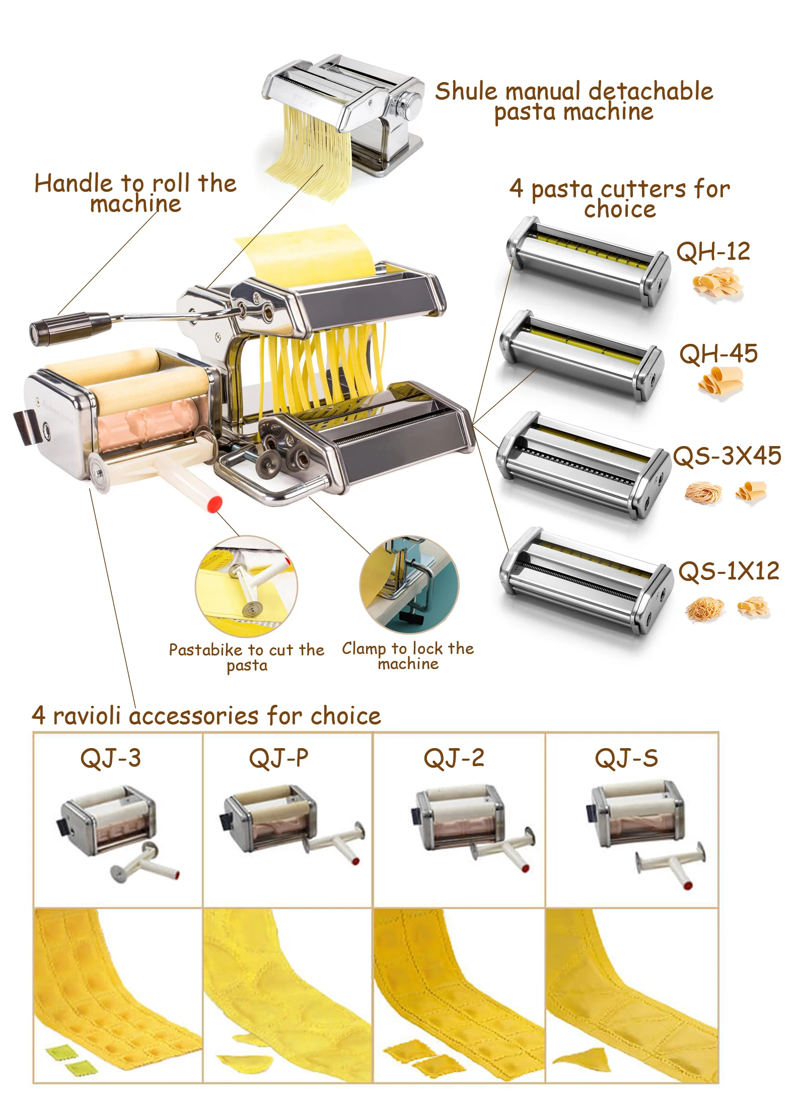 Hot Selling High Quality Manual Pasta Making Machine Set (4 in 1) Includes Spaghetti, Fettucini, Ravioli, Lasagnette