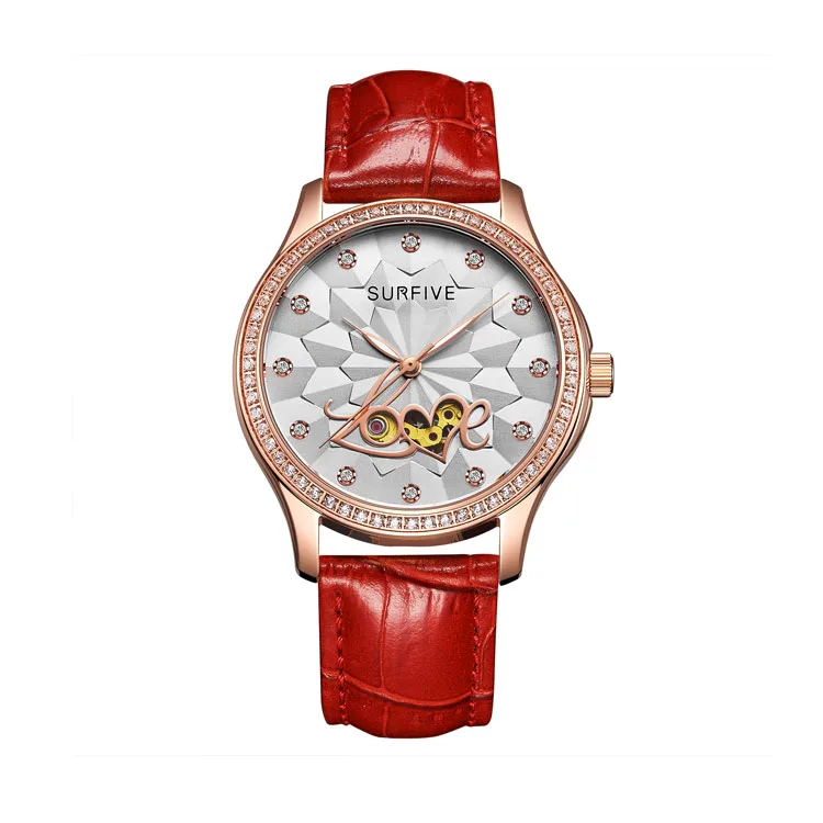 

Wholesale new design rose gold genuine leather strap women automatic quartz watch