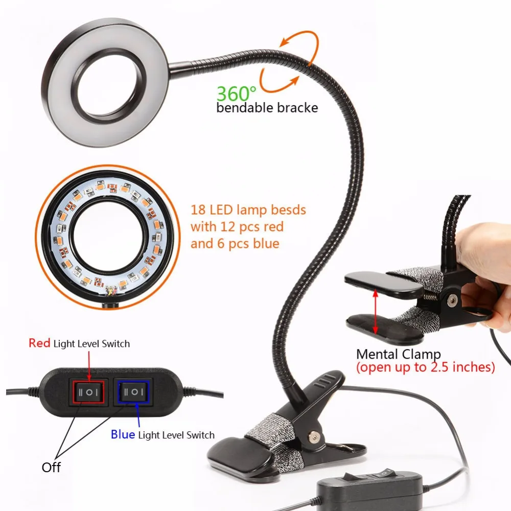 Accelerate Garden Vegetable Flowers Potted Plants Growth 10W LED Grow Lamp 3 Mode Dimmable High Bright Holder Clip Plant Light