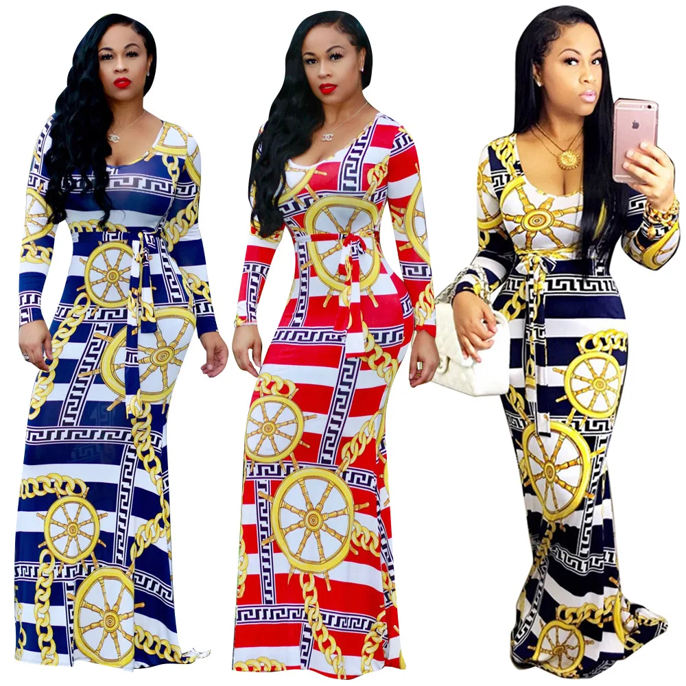 

2019 Women's Digital Floral Printed Bodycon Maxi Dress O Neck Long Sleeves Fashion Maxi Dress Lace Up Tie, Red/dark blue/sapphire