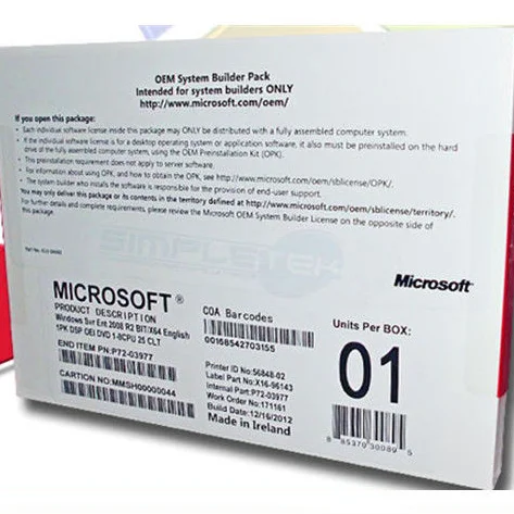 

Microsoft Windows Sever 2008 R2 Enterprise 25cals X 64 bits DVD oem package windows sever 25 users software