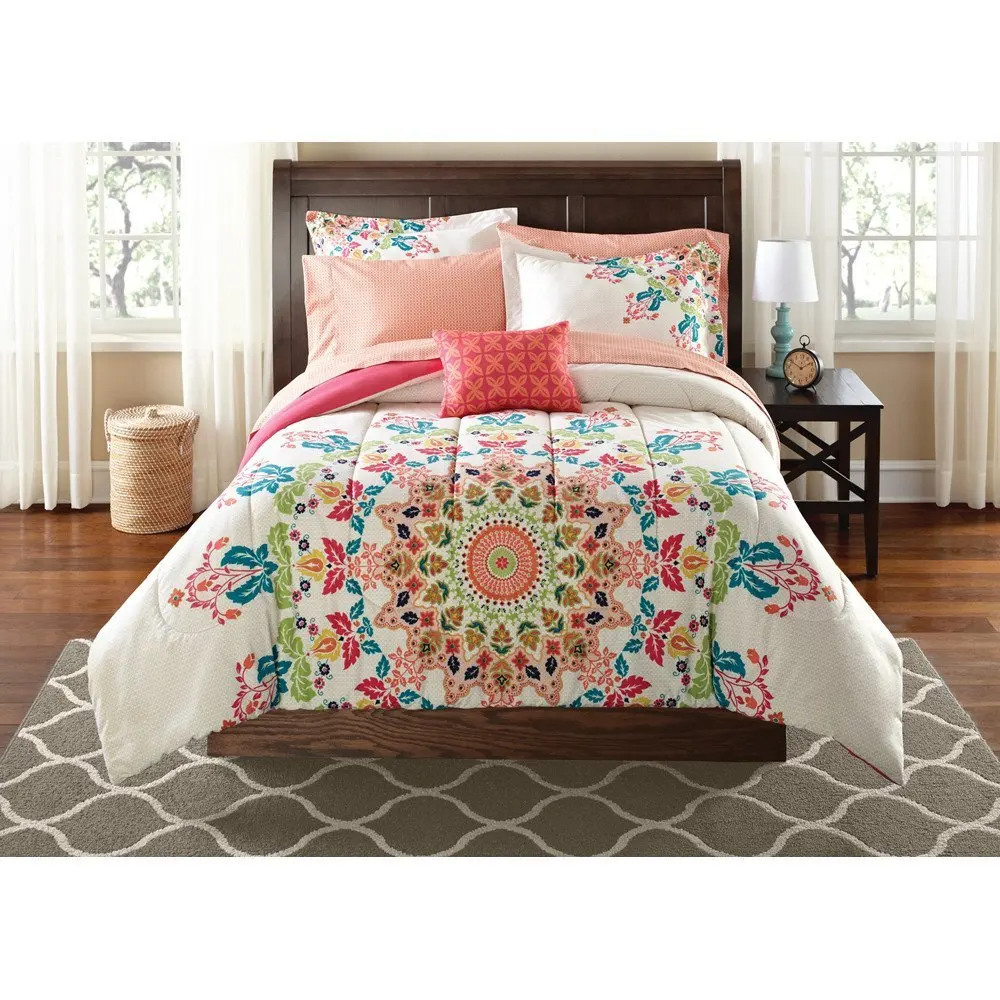 8 Piece Pink Multi Medallion Pattern Comforter With Sheets Queen Set, Beautiful Luxurious Large Scale Mandala Motif Floral Design, Bohemian Style Bedding, Abstract Splash Colors, Polyester Microfiber