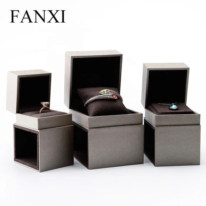 

FANXI China plastic gift boxes with leatherette paper and microfiber insert for ring necklace watch bracelet custom jewelry box, Champagne color available or custom