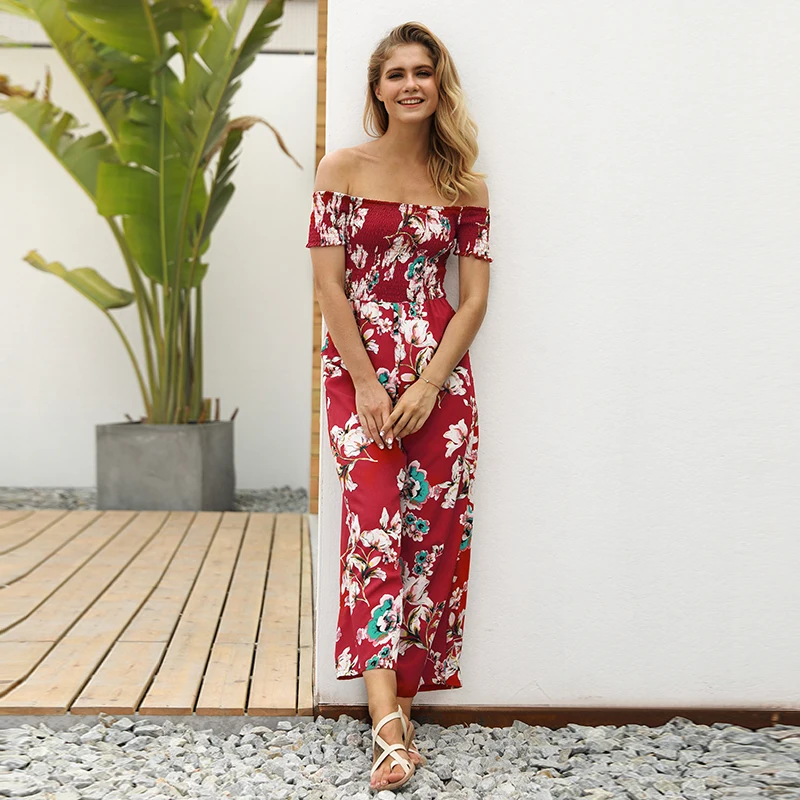 2019 women clothing new print off-the-shoulder jumpsuit female summer high waist was thin wide leg nine pants jumpsuit for women