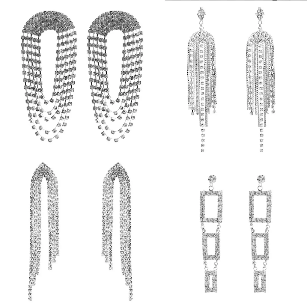 

silver gold crystal large chandelier dangle drop earrings long statement crystal pendant earrings american diamond earrings, Picture