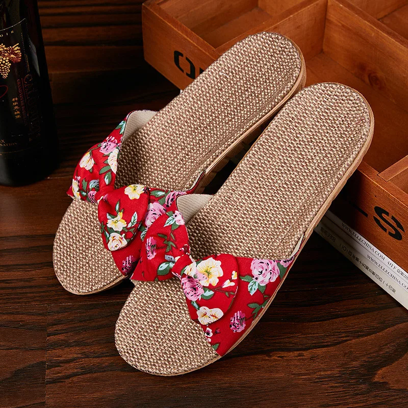 

Latest Bow design flax slide sandals breathable environmental healthy protection slippers for unisex, Customer's request