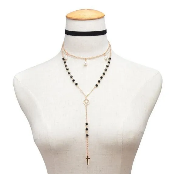 

Boho Long Chain Joker Pearl Beaded Cross Pendant Layered Charm Necklace