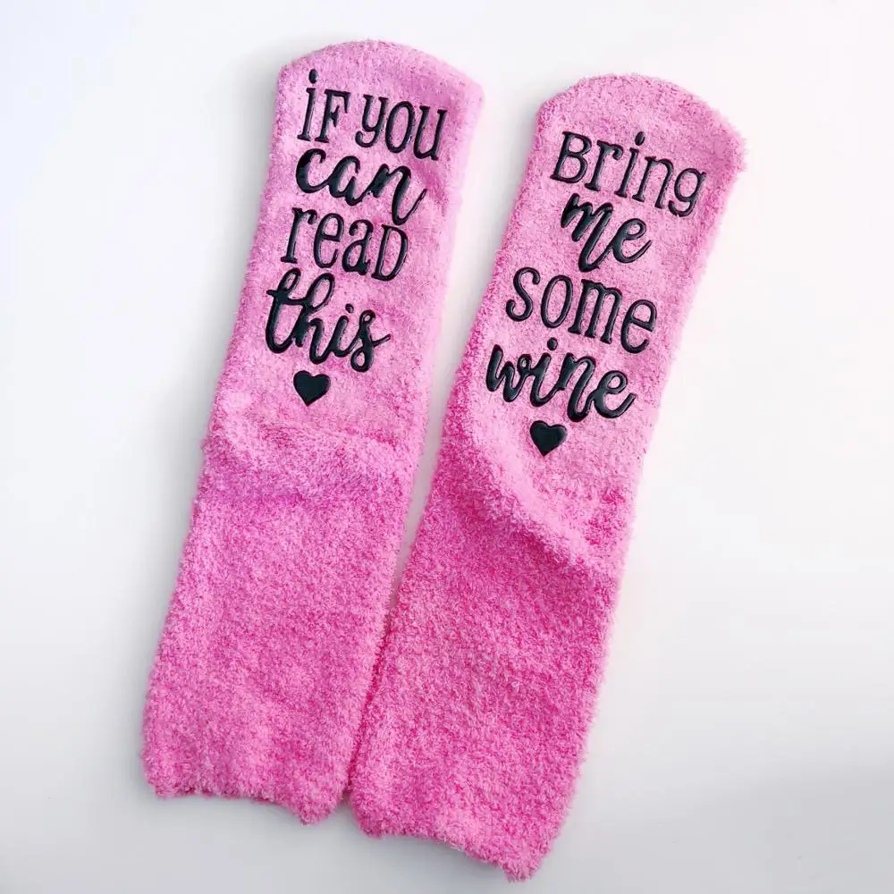 

Women Autumn Winter Anti-Slip Rubber Grip Letters If You Can Read This Bring Me Some Wine Cupcake Gift Packaging Fluffy Socks, Pink;pink with heart dot
