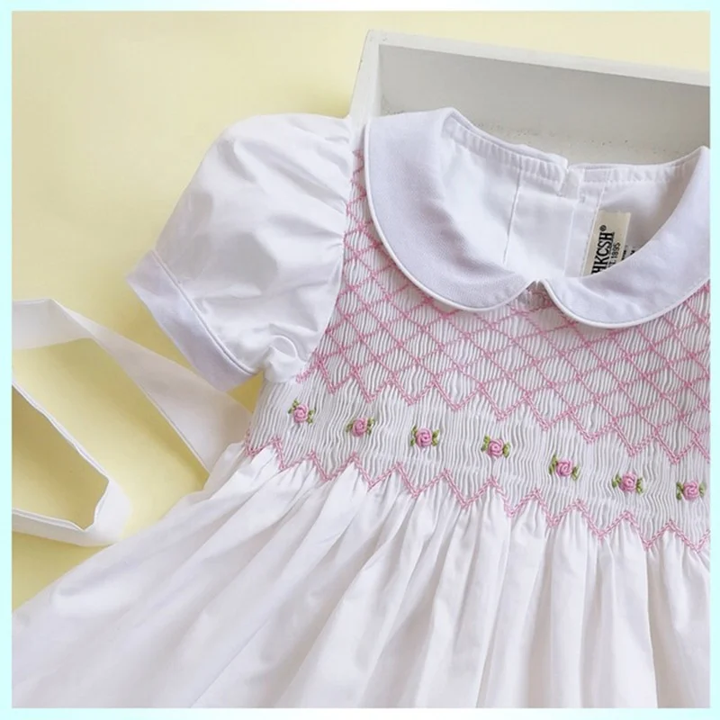 

children's smocked clothing dress customized wholesale children's boutique, White;pink;blue