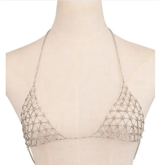 

Bikini Bra Body Chain Sexy Triangle Net Harness Chainmail Necklace Women, Gold,silver