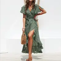 

Summer Beach Maxi Dress Women Floral Print Boho Long Chiffon Dress Ruffles Wrap Casual V-Neck Split Sexy Party Dress