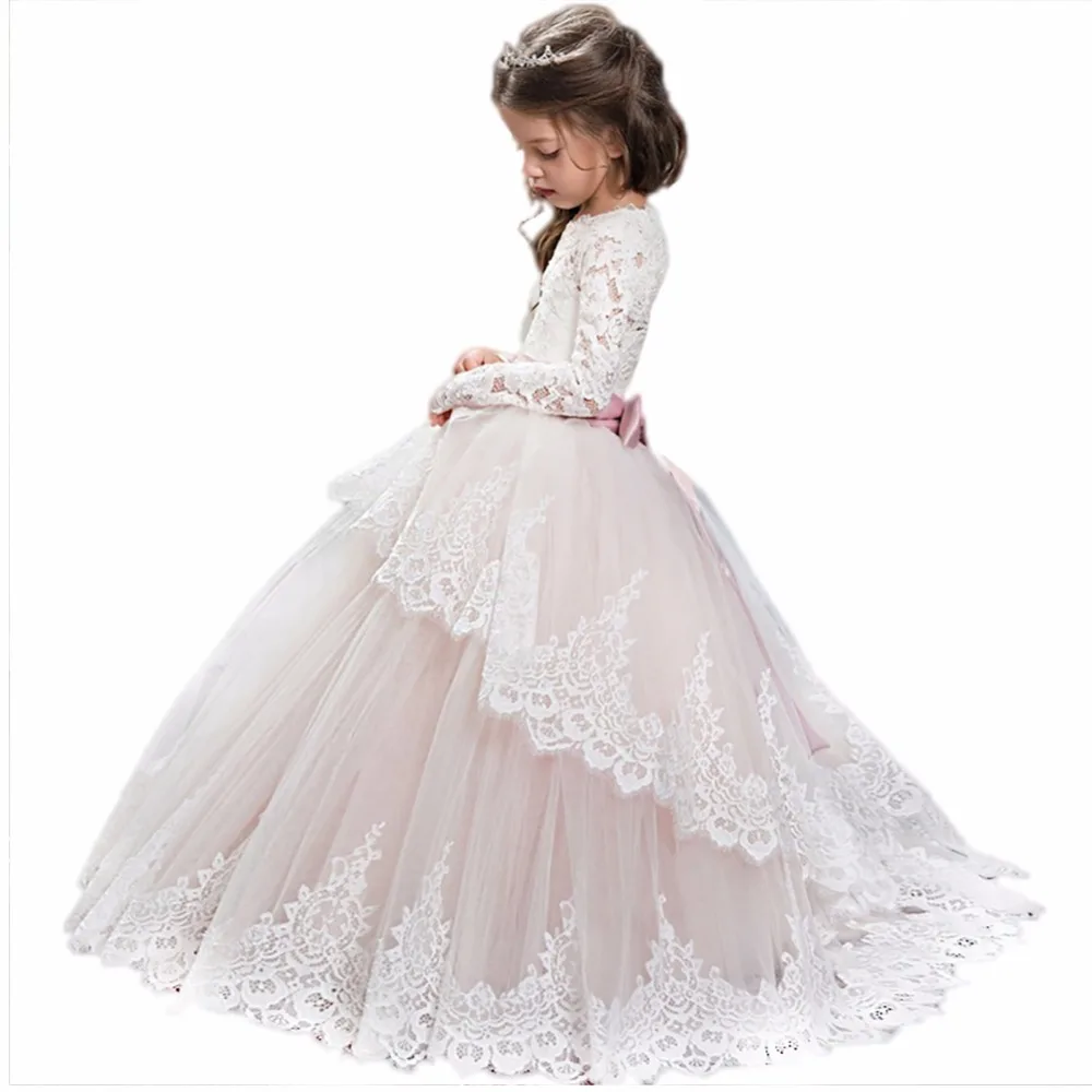 

Romantic Lace Puffy Lace Flower Girl Dress for Weddings Tulle Ball Gown Girl Party Communion Dress Pageant Gown, As the picture