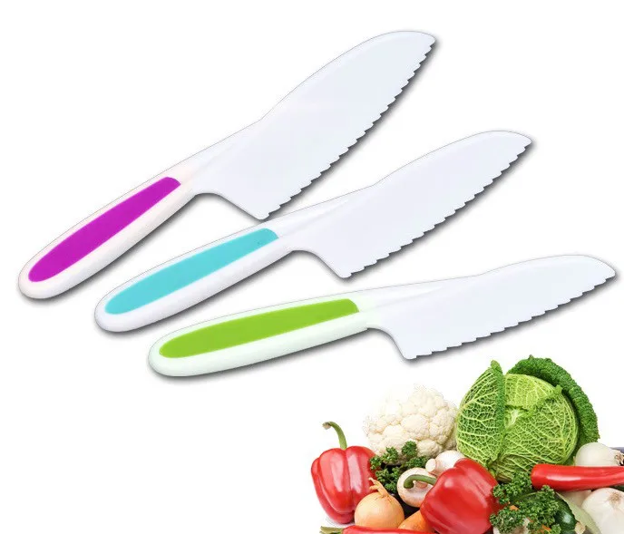 

3pcs Kid Plastic Kitchen cake Knife Set, Children's Safe Cooking Chef PP Knives for Fruit, Bread, Cake, Salad, Lettuce Knife, 6 different colors.check attachment