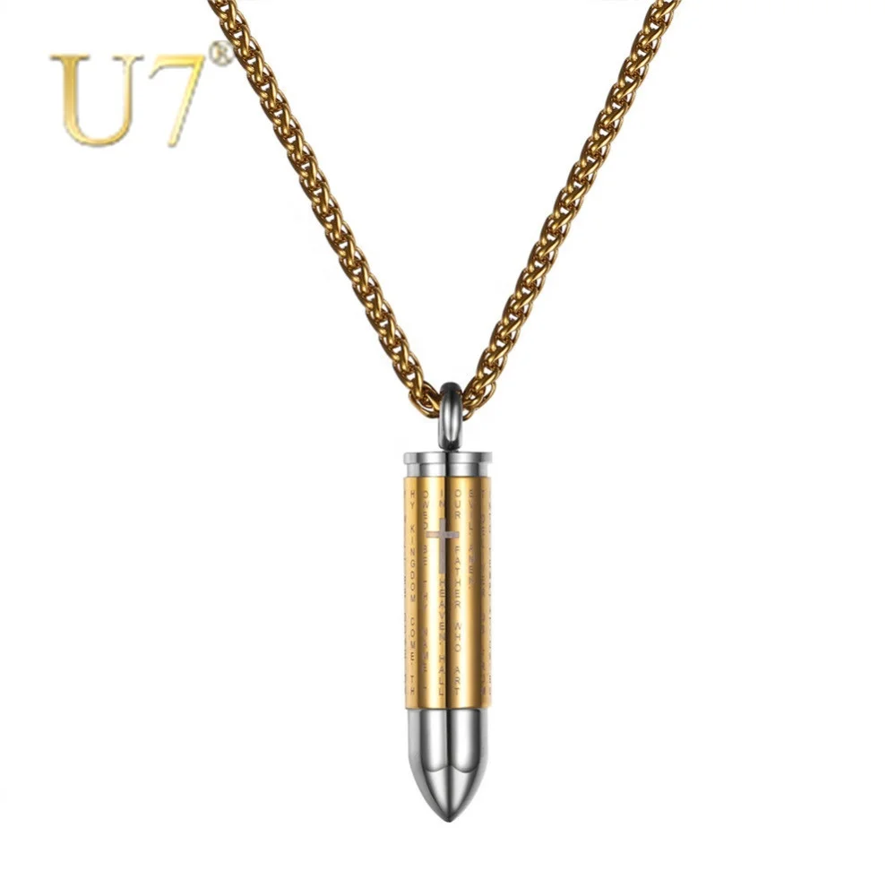 

U7 1PC Free Shipping Perfume Bottle Stainless Steel Male Cross Chain Bible Christian Jewelry Men Bullet Necklace Pendant