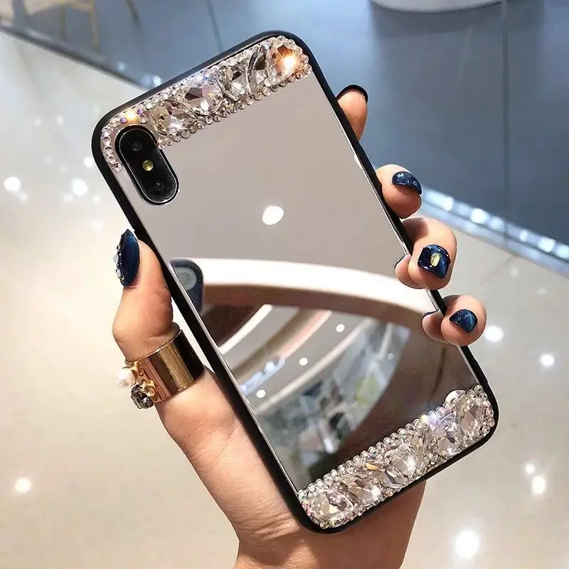 

Crystal Rhinestone Mirror Glass Case for huawei Y9 2019 P20 P30 ,Bling Diamond Soft Rubber Makeup Case for iPhone XR XS Max X XS, 6 colors