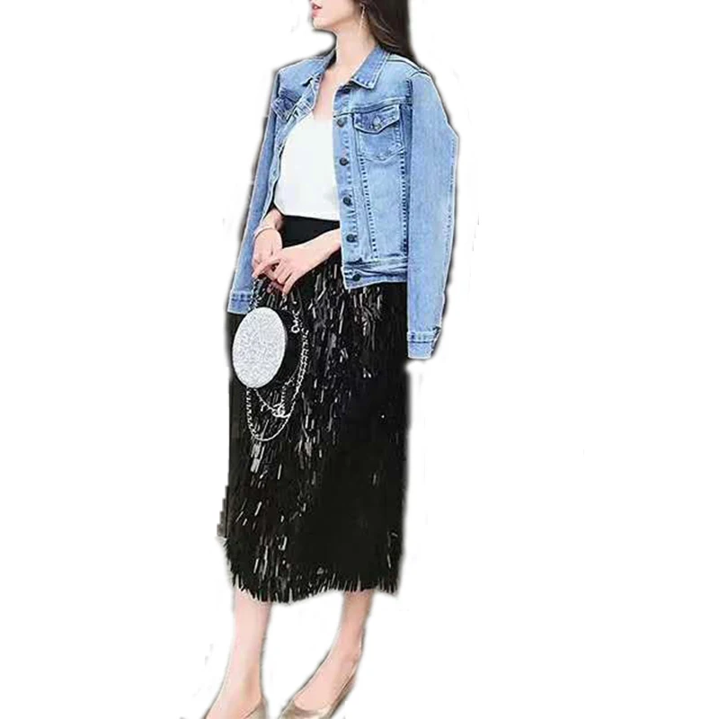 

Fashion Elegance Solid Lady Fringed Long Skirt Cake Dresses with Sequins for Women, Black;white